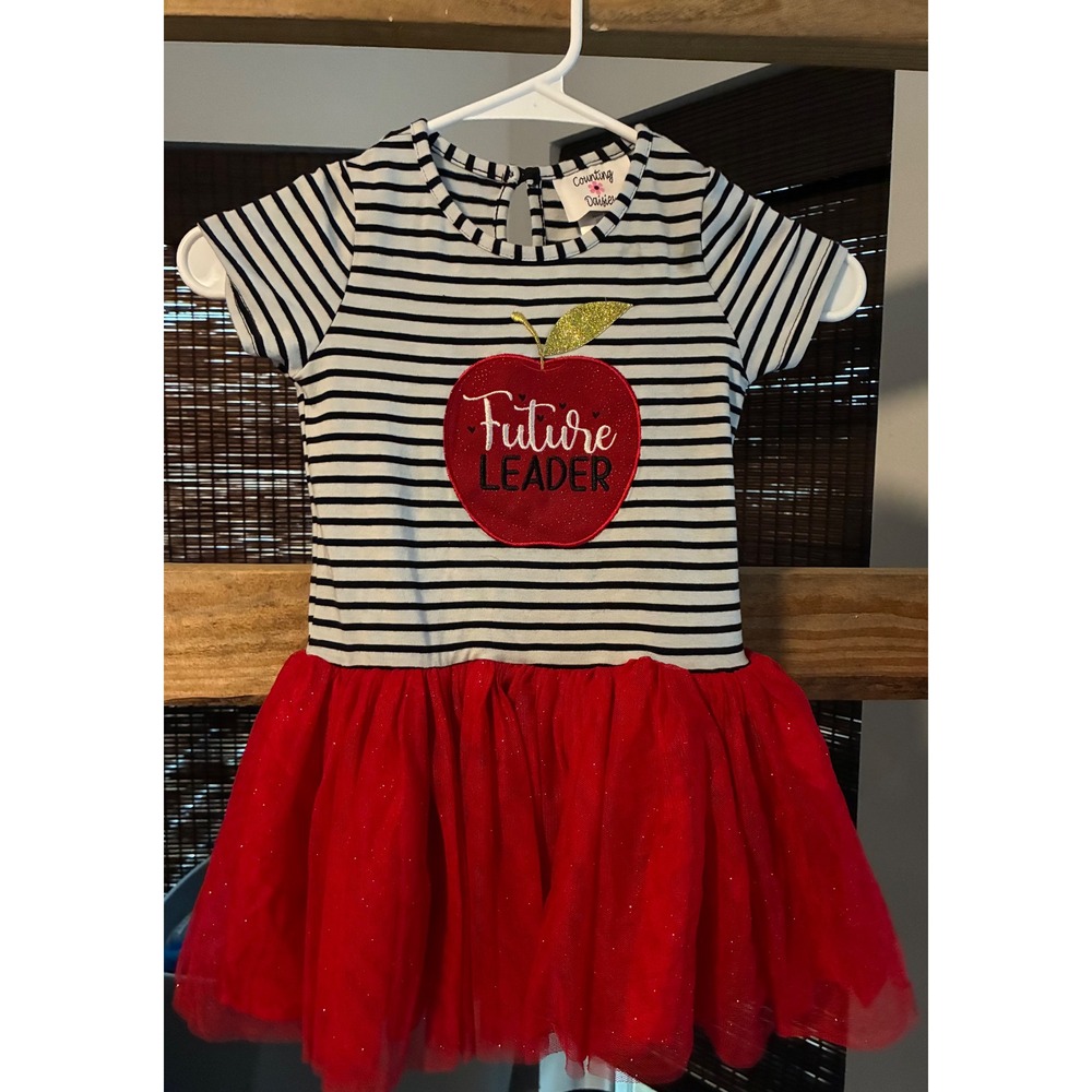 Counting Daisies Girls 4T Future Leader Apple Tutu Dress Black White Red Striped